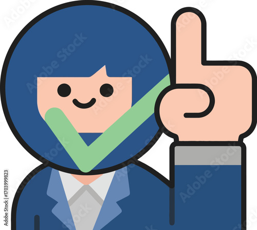 Business professional icon with a green checkmark, symbolizing an approved idea, correct solution, or successful validation