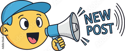 Happy emoticon character in a blue cap making a loud announcement with a megaphone for a blog or social media update