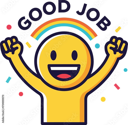 Colorful graphic icon of a cheerful character celebrating success, symbolizing praise, positive feedback, and accomplishment