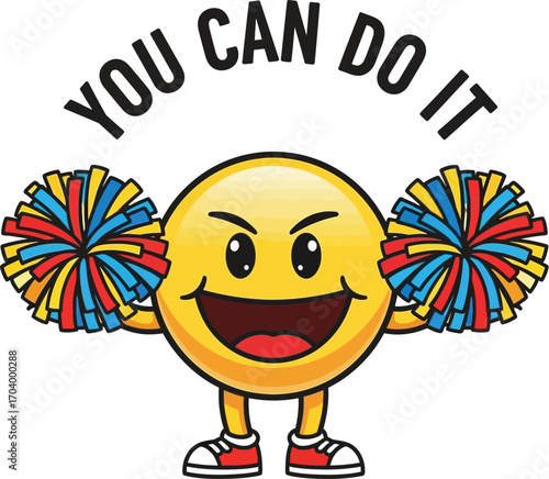 Enthusiastic yellow cartoon mascot acting as a cheerleader with colorful pom-poms. A vibrant vector illustration representing motivation, support, and positive energy for success