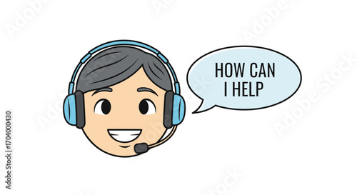Friendly customer service representative wearing a headset with a microphone, offering assistance with a 'How can I help' speech bubble