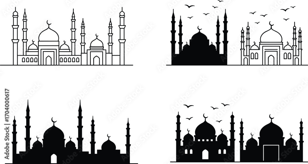Fototapeta premium Set of Islamic mosque silhouettes and outlines with minarets, domes, and birds — perfect for Ramadan, Eid, and religious themes.