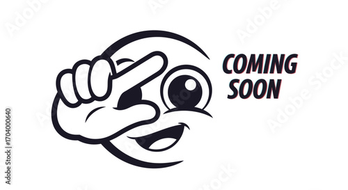 Funny cartoon eye character making a looking gesture for a coming soon announcement. Playful mascot illustration for advertising a new launch or upcoming event