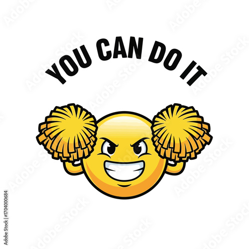A smiling face icon representing a cheerleader with yellow pom poms, providing encouragement and support with the motivational slogan You Can Do It