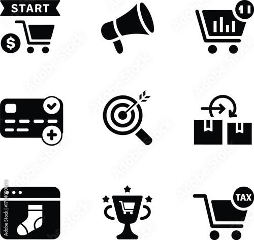Collection of ecommerce related icons including shopping carts and a target symbol in black and white