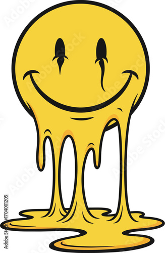 Psychedelic melting smiley face graphic, a surreal vector illustration of a dripping yellow emoticon with a distorted smile