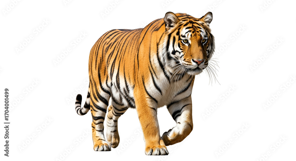 Obraz premium Bengal tiger walking forward isolated PNG with Transparent Background
