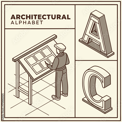 Isometric illustration of a vintage architect at a drafting table alongside chiseled three-dimensional letters representing the creative process