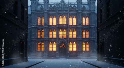 Gothic building in winter with warm light