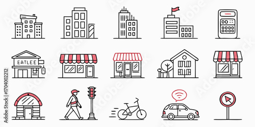 City buildings and street elements in line style