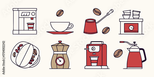 Coffee elements in line art style design