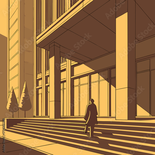 A solitary man ascends the sun-drenched steps of a modern office building, casting long shadows in the morning light