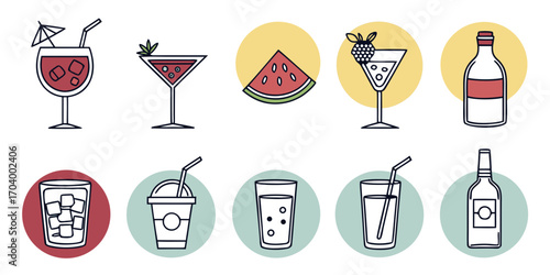 Set of various drinks and cocktails