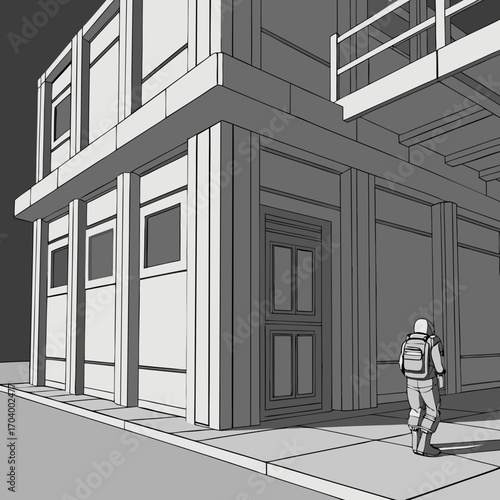 Futuristic architectural concept art showing a solitary astronaut standing beside a stark, modern concrete building under a dark sky