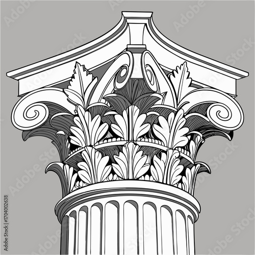 Detailed black and white vector illustration of an ornate classical Corinthian column capital with acanthus leaves