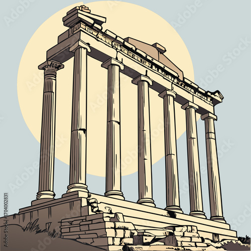 Vector illustration of the ancient ruins of a classical Roman temple with Corinthian columns set against a stylized sun