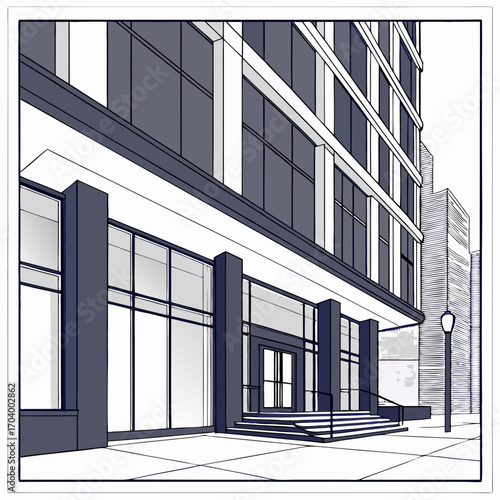 Modern architectural facade with glass doors and windows, showcasing a clean and contemporary building entrance
