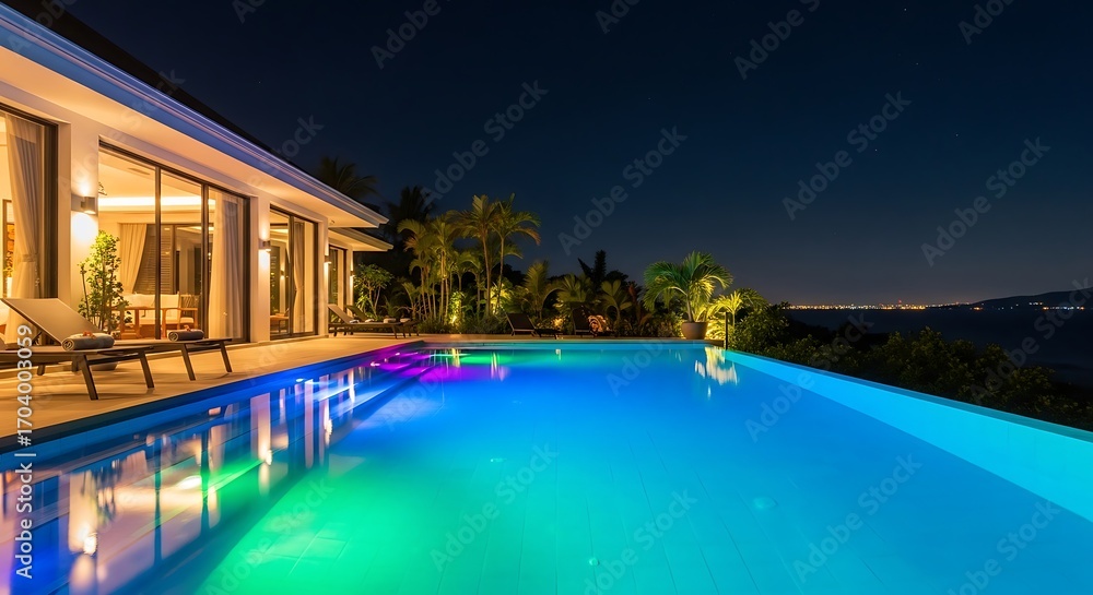 Fototapeta premium Captivating villa with infinity pool under a serene nighttime vista