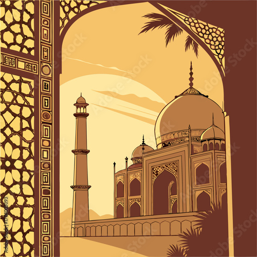 Taj Mahal View Through Ornate Archway A Golden Hour in Agra