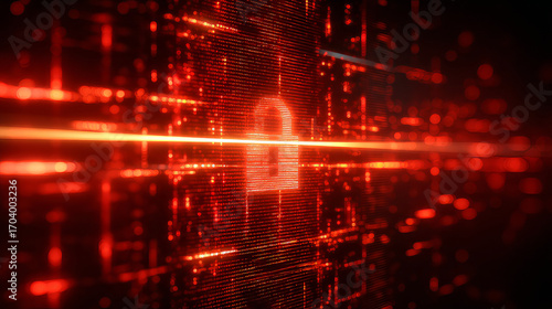 Abstract glowing digital firewall blocking red cyber attacks, modern cybersecurity illustration.