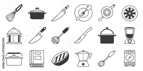 Kitchenware and cooking tools icons set in line style