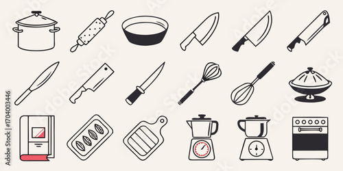 Collection of kitchen utensils and cooking tools