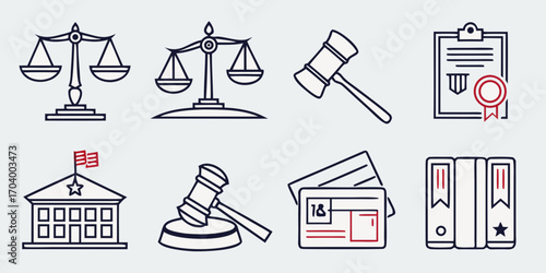Law and justice outline icons for legal concept
