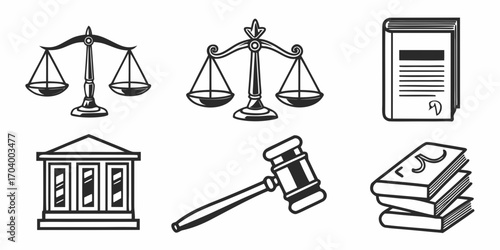 Law and justice hand drawn icons for legal concept