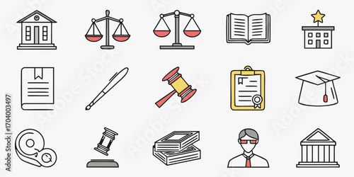 Law and justice color icons for legal concept