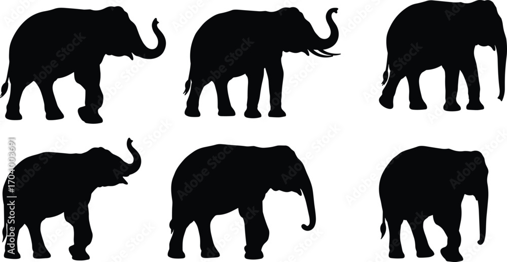 Naklejka premium Set of six black elephant silhouettes in different poses with raised trunks, isolated on white background for wildlife designs.