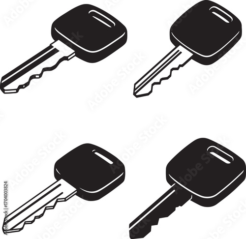 Four black car keys in isometric silhouette