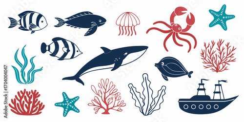 Marine life collection with fish, jellyfish, crab, whale and boat