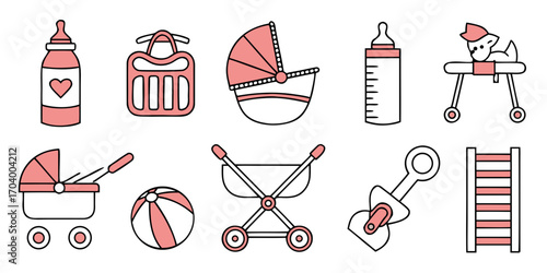 Baby items vector set with pink details