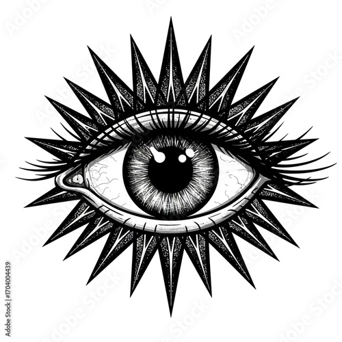 Hand-drawn illustration of the All-Seeing Eye, a mystical esoteric symbol with a radiant starburst in a vintage tattoo style