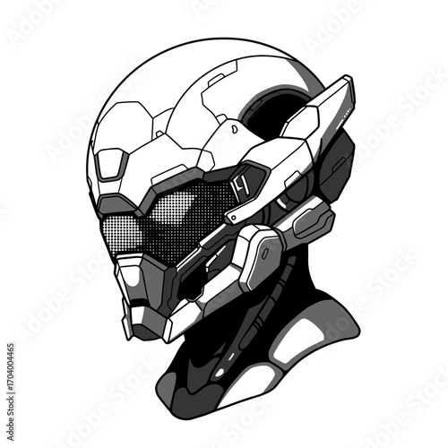 Futuristic Cyberpunk Helmet Design - A Detailed Black and White Illustration