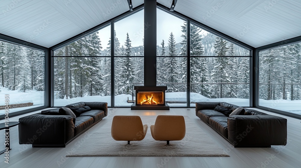 Naklejka premium Cozy winter cabin interior with fireplace and forest view