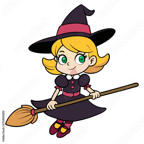 Cute cartoon witch flying on broomstick halloween vector illustration for kids and halloween designs