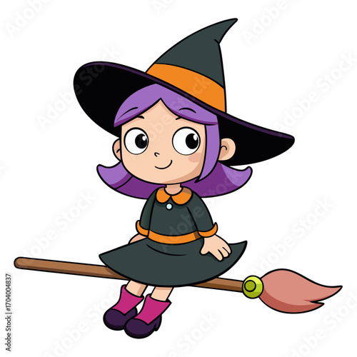 Cute cartoon witch flying on broomstick halloween vector illustration for kids and creative design 100