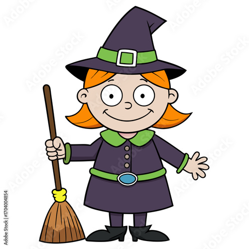 Cute cartoon halloween witch girl with broom vector illustration for kids and halloween themed designs