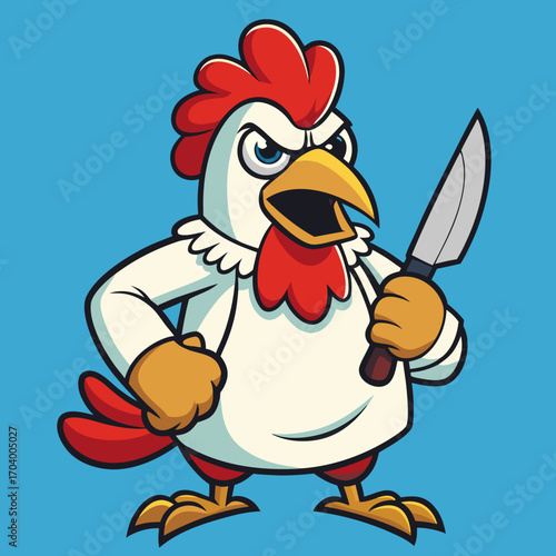 Cartoon angry rooster chicken holding knife vector illustration mascot character funny animal poultry farm art