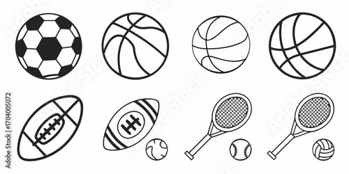 Sports equipment outline icons for soccer, basketball, tennis and football