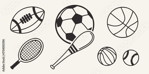 Sports equipment outline icons for baseball, soccer, tennis and football