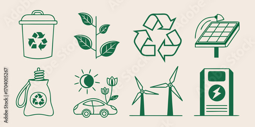 Ecology and environment icons in green outline style