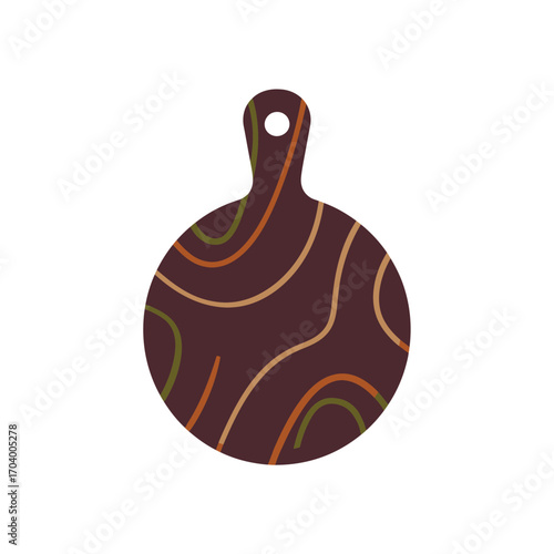 Round wooden cutting board with abstract design.