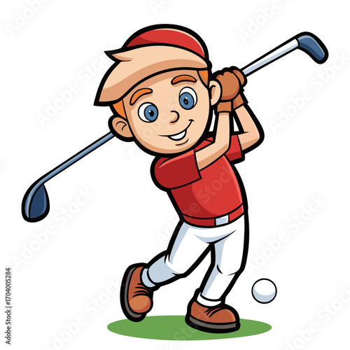 Cartoon golfer boy swinging golf club illustration for kids golf lessons and golf themed designs projects