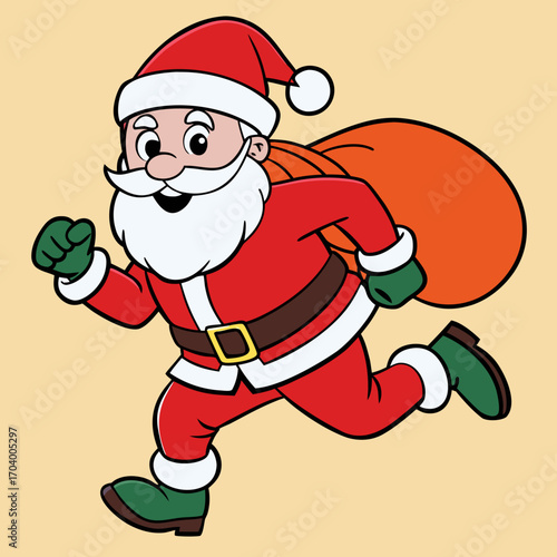 Cartoon santa claus running with gift sack christmas holiday vector illustration for graphic design use