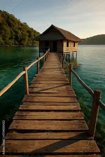 Thatched Hut on Stilts Over Turquoise Water in Tropical Paradise