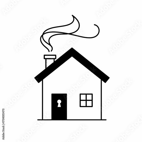 Clean and modern vector icon of a classic house emitting smoke from its chimney, conveying the essence of a warm home, shelter, and cozy domestic life, perfect for housing or real estate concepts