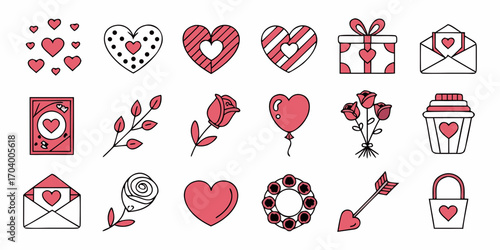 Valentines day icons set, love and romance theme