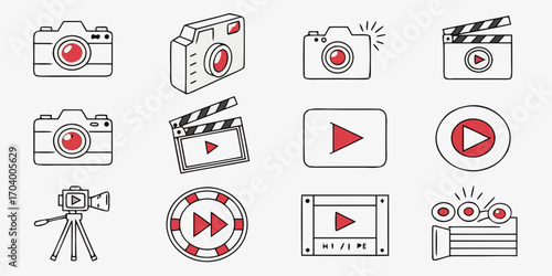 Set of video and movie icons in doodle style
